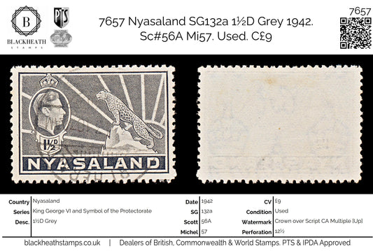 7657 Nyasaland SG132a 1½D Grey 1942. Sc#56A Mi57. Used. C£9