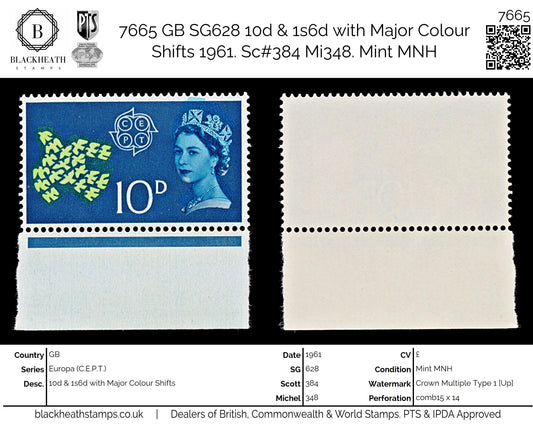 7665 GB SG628 10d & 1s6d with Major Colour Shifts 1961. Sc#384 Mi348. Mint MNH