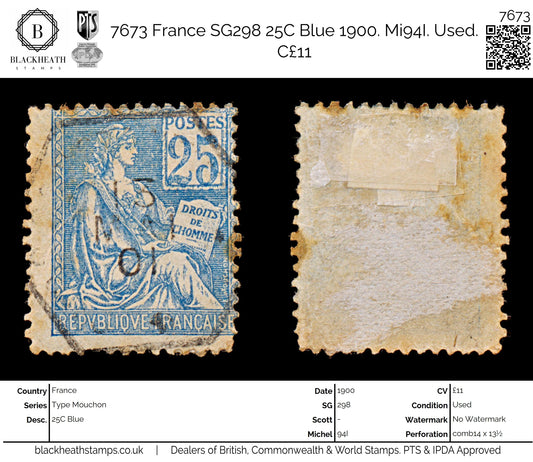 7673 France SG298 25C Blue 1900. Mi94I. Used. C£11