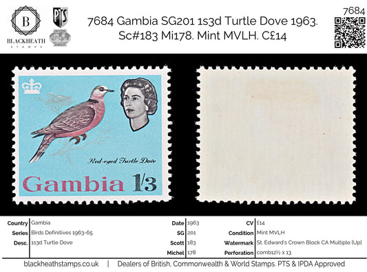 7684 Gambia SG201 1s3d Turtle Dove 1963. Sc#183 Mi178. Mint MVLH. C£14