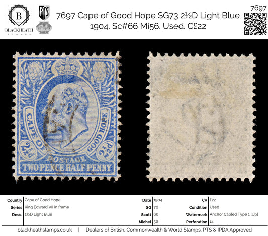 7697 Cape of Good Hope SG73 2½D Light Blue 1904. Sc#66 Mi56. Used. C£22