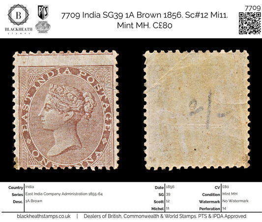 7709 India SG39 1A Brown 1856. Sc#12 Mi11. Mint MH. C£80