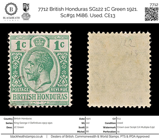 7712 British Honduras SG122 1C Green 1921. Sc#91 Mi86. Used. C£13
