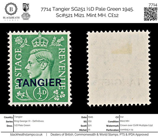7714 Tangier SG251 ½D Pale Green 1945. Sc#521 Mi21. Mint MH. C£12