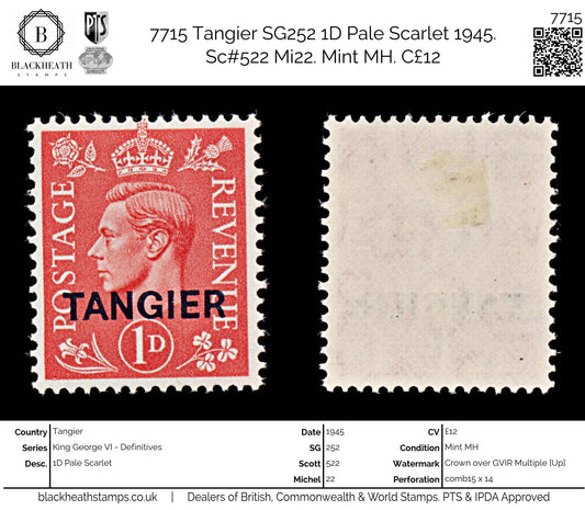 7715 Tangier SG252 1D Pale Scarlet 1945. Sc#522 Mi22. Mint MH. C£12
