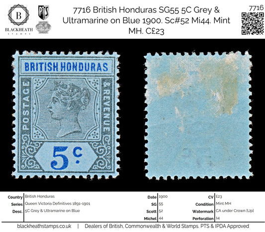 7716 British Honduras SG55 5C Grey & Ultramarine on Blue 1900. Sc#52 Mi44. Mint MH. C£23