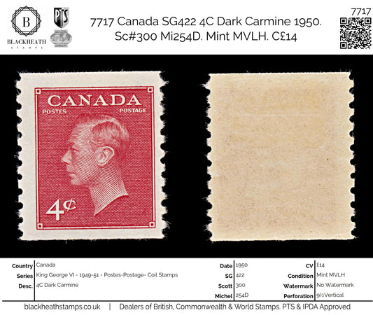 7717 Canada SG422 4C Dark Carmine 1950. Sc#300 Mi254D. Mint MVLH. C£14