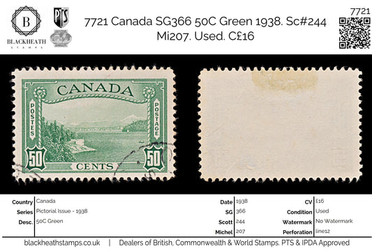 7721 Canada SG366 50C Green 1938. Sc#244 Mi207. Used. C£16