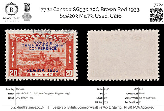 7722 Canada SG330 20C Brown Red 1933. Sc#203 Mi173. Used. C£16