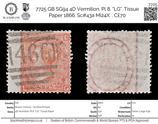 7725 GB SG94 4D Vermilion. Pl 8. "LG". Tissue Paper 1866. Sc#43a Mi24X. . C£70