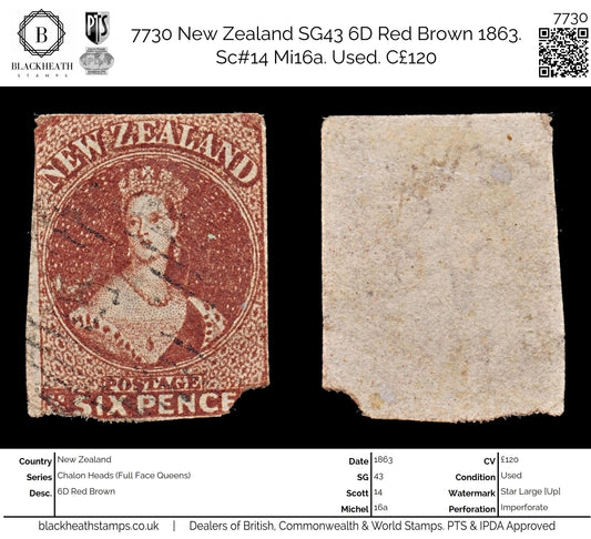 7730 New Zealand SG43 6D Red Brown 1863. Sc#14 Mi16a. Used. C£120