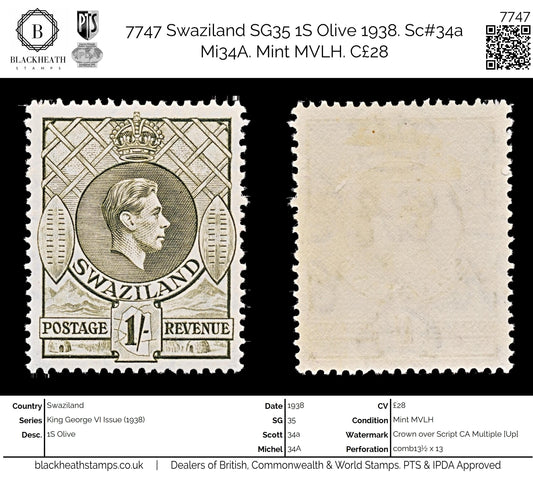 7747 Swaziland SG35 1S Olive 1938. Sc#34a Mi34A. Mint MVLH. C£28
