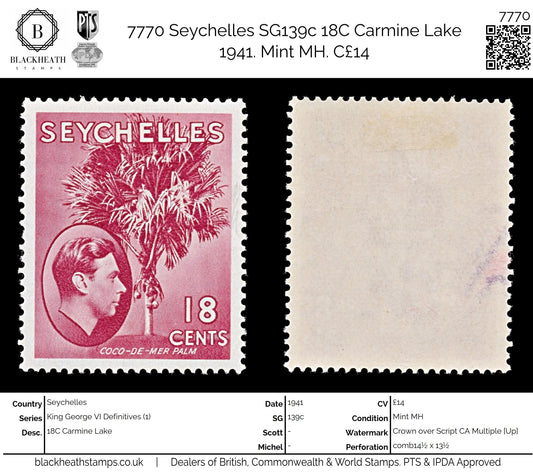 7770 Seychelles SG139c 18C Carmine Lake 1941. Mint MH. C£14