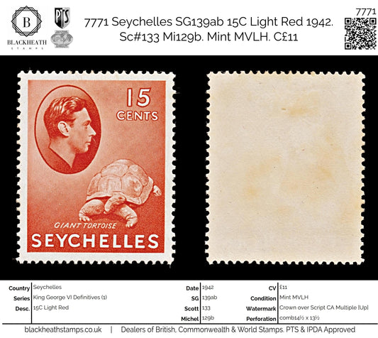 7771 Seychelles SG139ab 15C Light Red 1942. Sc#133 Mi129b. Mint MVLH. C£11
