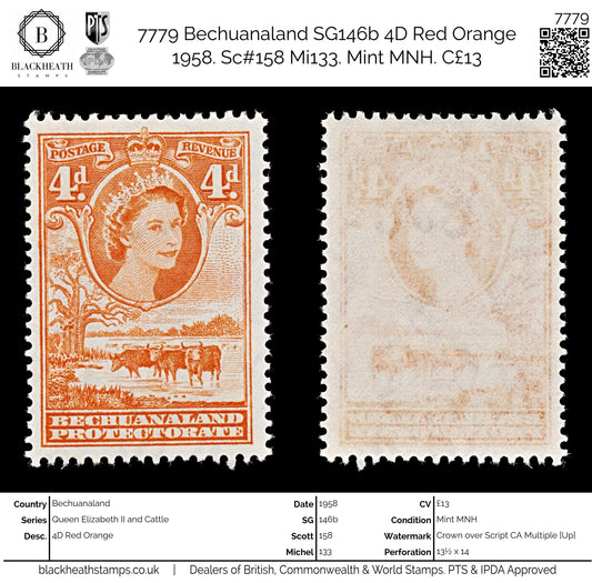 7779 Bechuanaland SG146b 4D Red Orange 1958. Sc#158 Mi133. Mint MNH. C£13