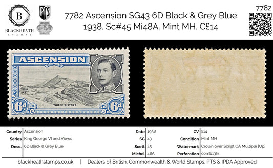 7782 Ascension SG43 6D Black & Grey Blue 1938. Sc#45 Mi48A. Mint MH. C£14