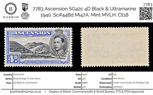 7783 Ascension SG42c 4D Black & Ultramarine 1940. Sc#44Bd Mi47A. Mint MVLH. C£18
