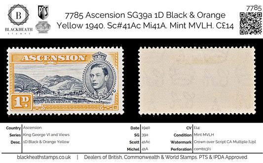 7785 Ascension SG39a 1D Black & Orange Yellow 1940. Sc#41Ac Mi41A. Mint MVLH. C£14