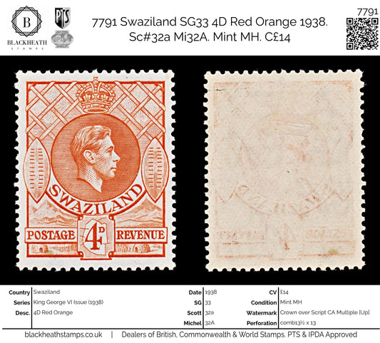 7791 Swaziland SG33 4D Red Orange 1938. Sc#32a Mi32A. Mint MH. C£14