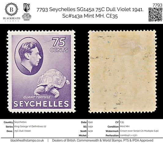 7793 Seychelles SG145a 75C Dull Violet 1941. Sc#143a Mint MH. C£35