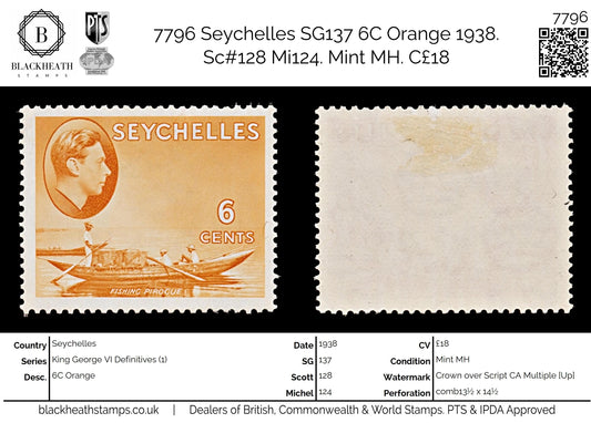7796 Seychelles SG137 6C Orange 1938. Sc#128 Mi124. Mint MH. C£18