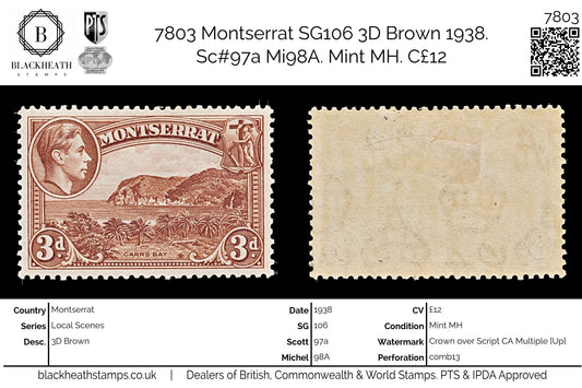 7803 Montserrat SG106 3D Brown 1938. Sc#97a Mi98A. Mint MH. C£12