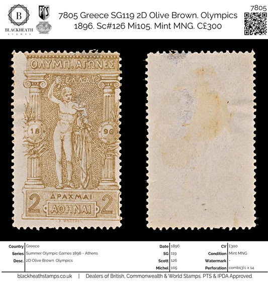 7805 Greece SG119 2D Olive Brown. Olympics 1896. Sc#126 Mi105. Mint MNG. C£300
