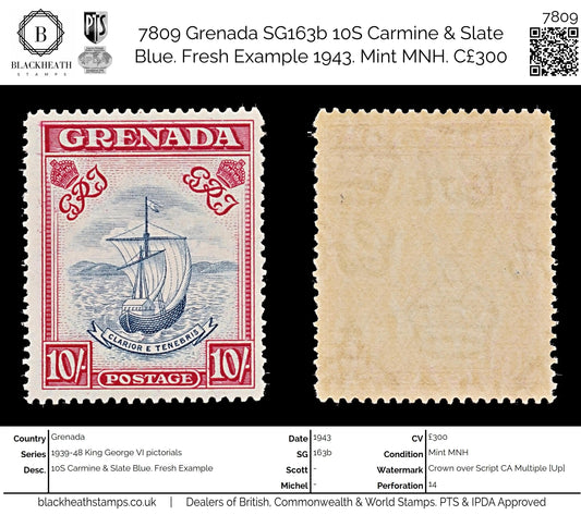 7809 Grenada SG163b 10S Carmine & Slate Blue. Fresh Example 1943. Mint MNH. C£300