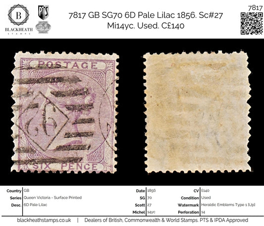 7817 GB SG70 6D Pale Lilac 1856. Sc#27 Mi14yc. Used. C£140