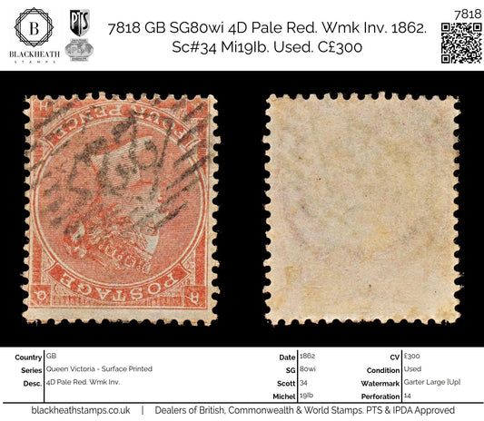 7818 GB SG80wi 4D Pale Red. Wmk Inv. 1862. Sc#34 Mi19Ib. Used. C£300