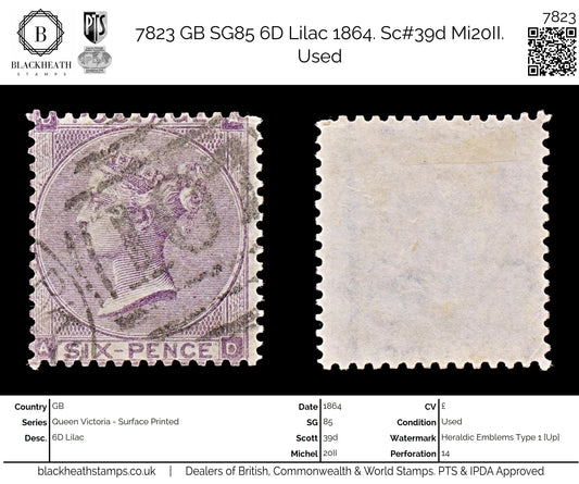 7823 GB SG85 6D Lilac 1864. Sc#39d Mi20II. Used