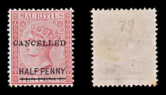 7825 Mauritius ½D Claret. "CANCELLED" Doubled 1877. MiCAN. Mint MH