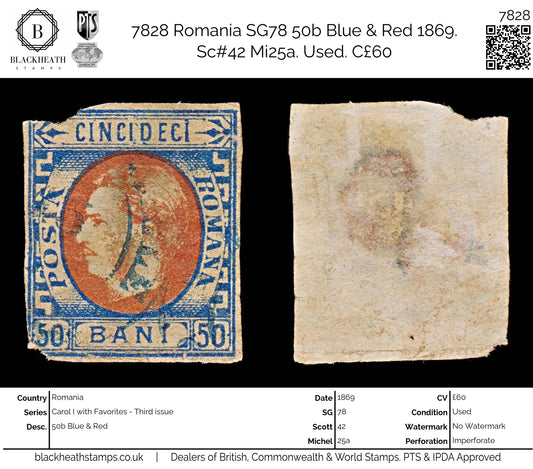 7828 Romania SG78 50b Blue & Red 1869. Sc#42 Mi25a. Used. C£60