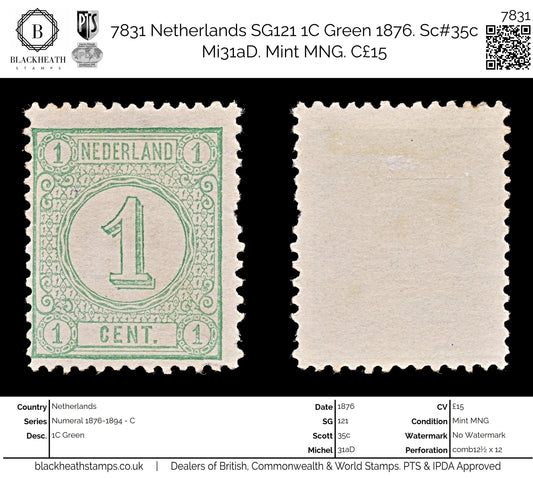 7831 Netherlands SG121 1C Green 1876. Sc#35c Mi31aD. Mint MNG. C£15