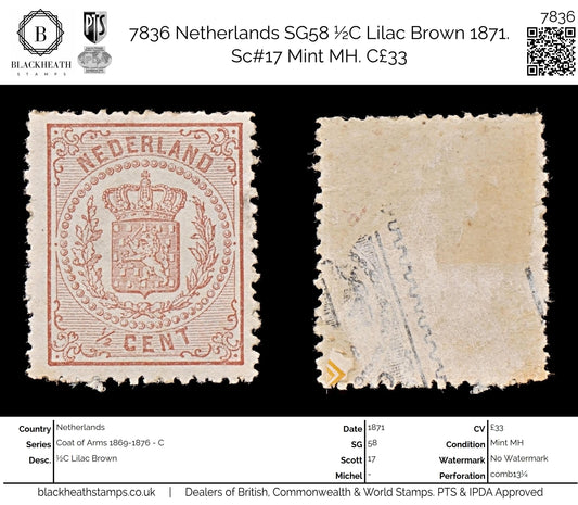 7836 Netherlands SG58 ½C Lilac Brown 1871. Sc#17 Mint MH. C£33