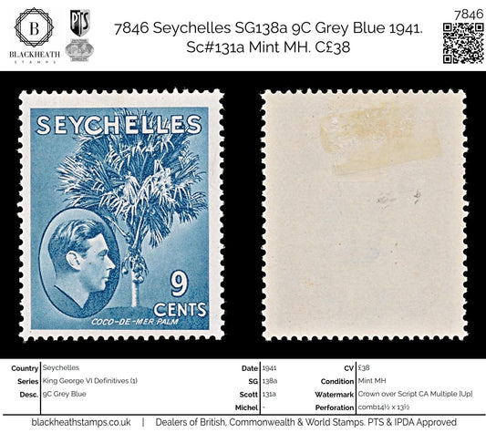 7846 Seychelles SG138a 9C Grey Blue 1941. Sc#131a Mint MH. C£38