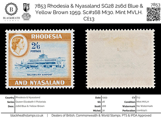 7853 Rhodesia & Nyasaland SG28 2s6d Blue & Yellow Brown 1959. Sc#168 Mi30. Mint MVLH. C£13