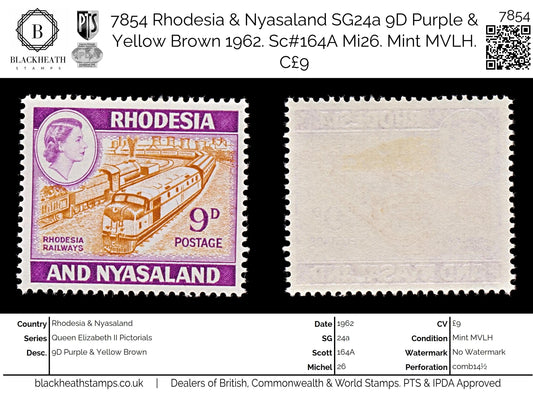 7854 Rhodesia & Nyasaland SG24a 9D Purple & Yellow Brown 1962. Sc#164A Mi26. Mint MVLH. C£9