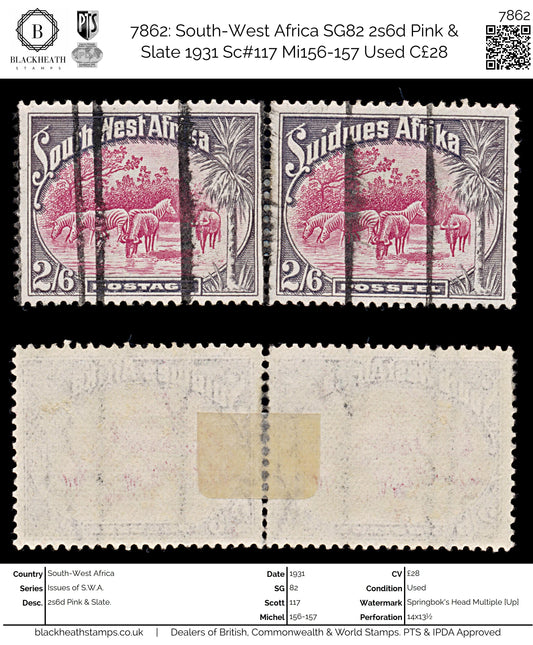 7862: South-West Africa SG82 2s6d Pink & Slate 1931 Sc#117 Mi156-157 Used C£28