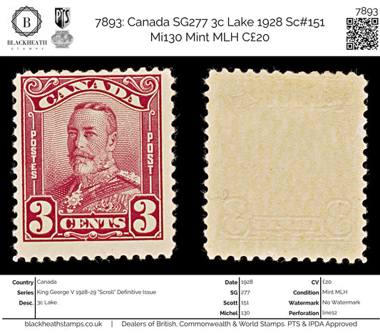 7893: Canada SG277 3c Lake 1928 Sc#151 Mi130 Mint MLH C£20