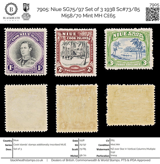7905: Niue SG75/97 Set of 3 1938 Sc#73/85 Mi58/70 Mint MH C£65