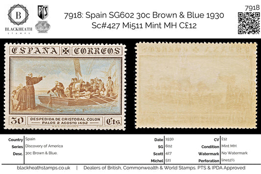 7918: Spain SG602 30c Brown & Blue 1930 Sc#427 Mi511 Mint MH C£12