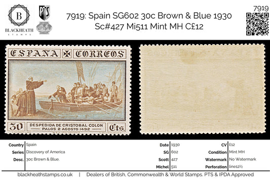 7919: Spain SG602 30c Brown & Blue 1930 Sc#427 Mi511 Mint MH C£12