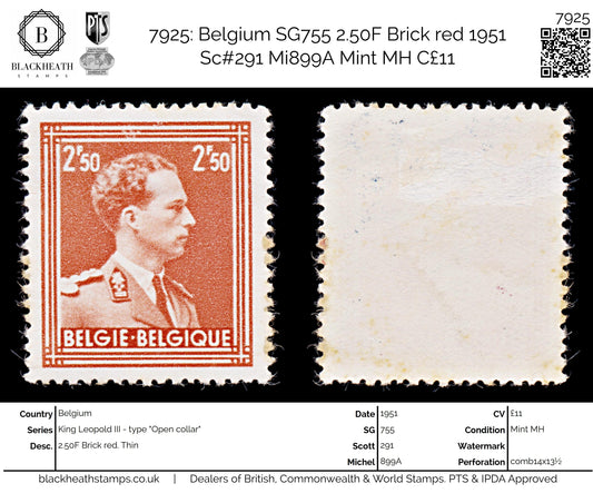 7925: Belgium SG755 2.50F Brick red 1951 Sc#291 Mi899A Mint MH C£11