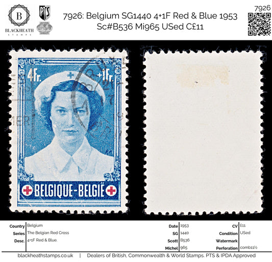 7926: Belgium SG1440 4+1F Red & Blue 1953 Sc#B536 Mi965 USed C£11