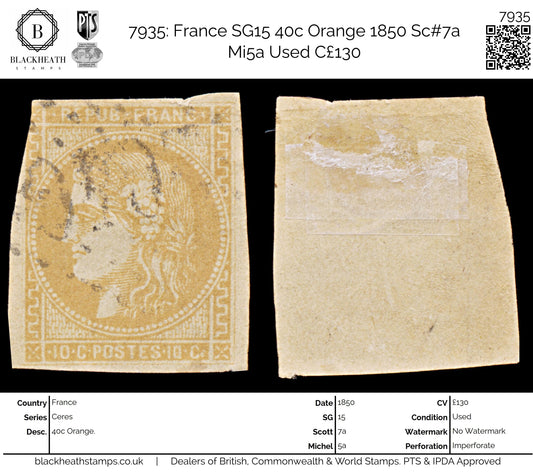 7935: France SG15 40c Orange 1850 Sc#7a Mi5a Used C£130
