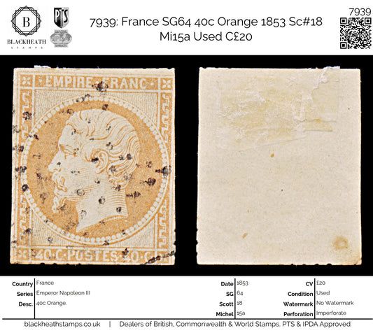 7939: France SG64 40c Orange 1853 Sc#18 Mi15a Used C£20