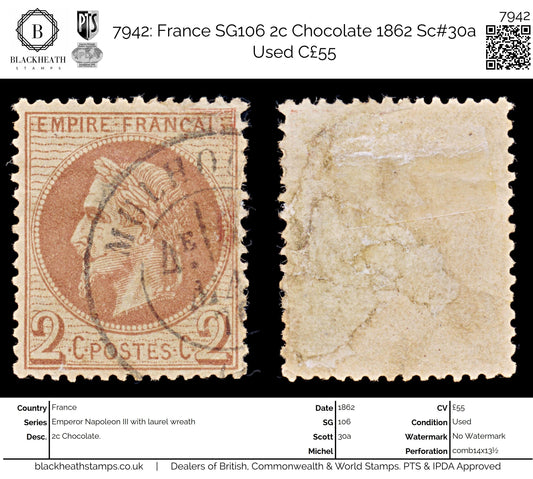 7942: France SG106 2c Chocolate 1862 Sc#30a Used C£55