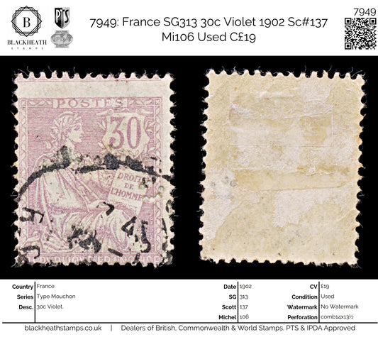 7949: France SG313 30c Violet 1902 Sc#137 Mi106 Used C£19