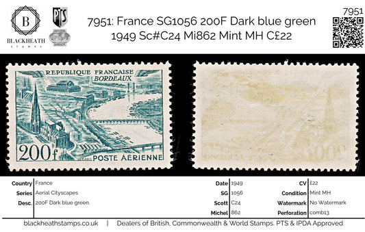 7951: France SG1056 200F Dark blue green 1949 Sc#C24 Mi862 Mint MH C£22